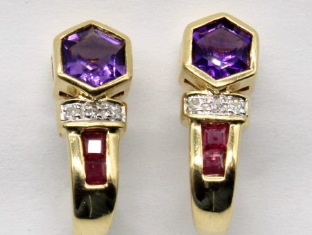 Amethyst, Diamond and Ruby 10k Earrings | 1.23ctw | Fashion