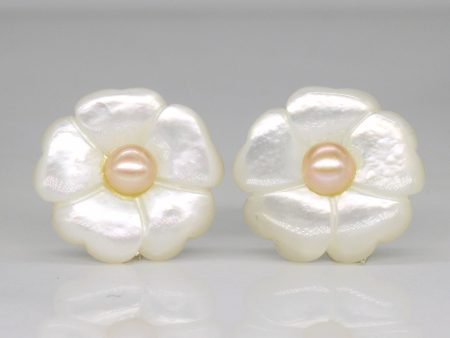 Carved Mother of Pearl Flower Earrings For Sale