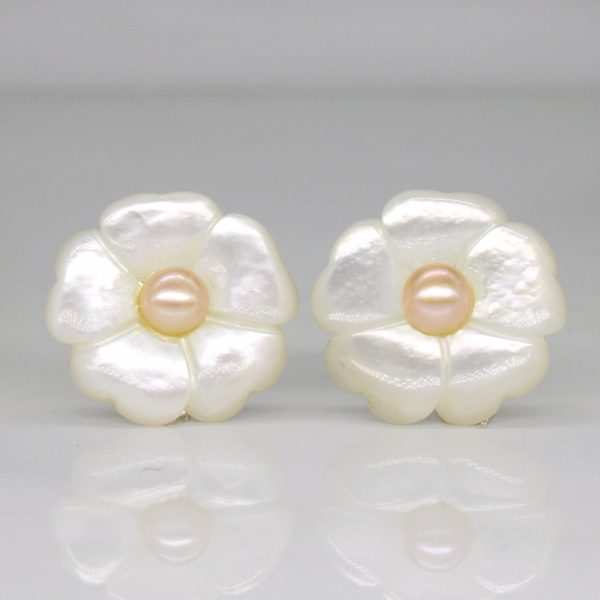 Carved Mother of Pearl Flower Earrings For Sale