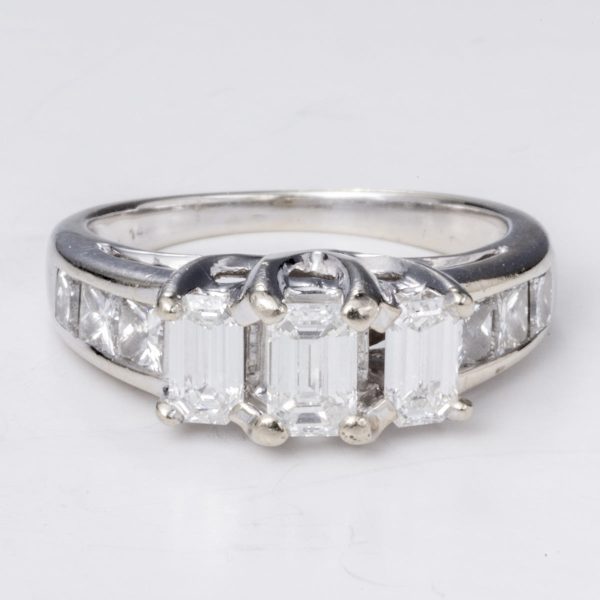 14k White Gold Three Emerald Cut Diamond Engagement Ring | 1.19 ctw | Sz 5 Discount