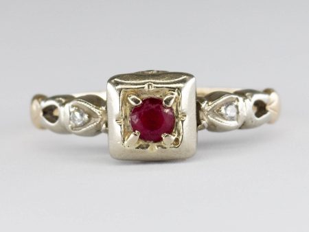 14k Synthetic Ruby and Diamond Mid Century Ring | 0.10 ct | SZ 5 Hot on Sale