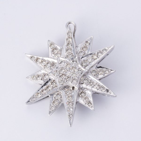 14k White Gold Diamond Startburst Pendant Brooch | 1.91 ctw For Sale