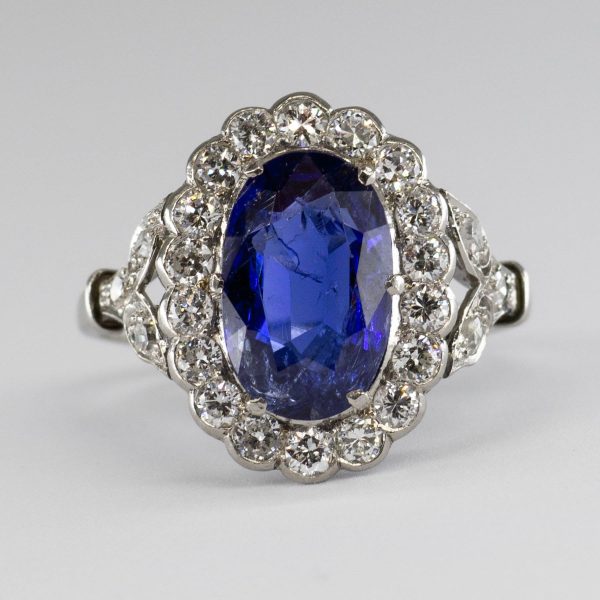 Art Deco Platinum Sapphire & Diamond Halo Engagement Ring | 1.90ct, 0.62ctw | SZ 6 | Hot on Sale