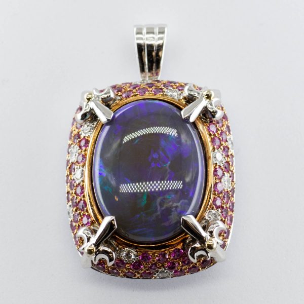 Black Opal, Pink Sapphire and Diamond Convertible 18k White Gold Pendant Ring  | 15.85 ct | Sz 7 Supply