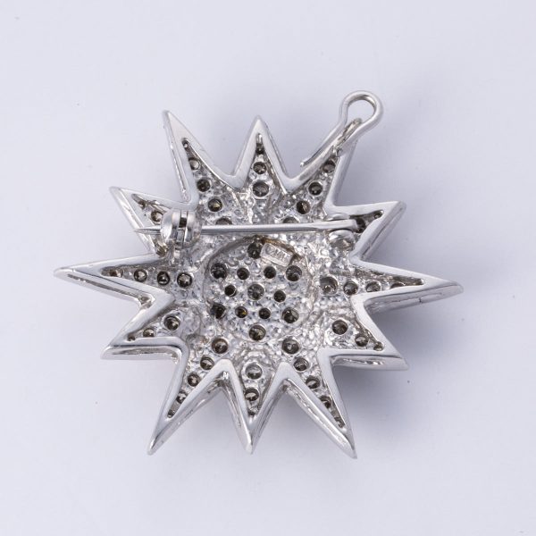 14k White Gold Diamond Startburst Pendant Brooch | 1.91 ctw For Sale