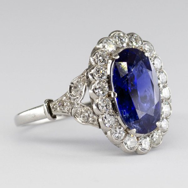 Art Deco Platinum Sapphire & Diamond Halo Engagement Ring | 1.90ct, 0.62ctw | SZ 6 | Hot on Sale