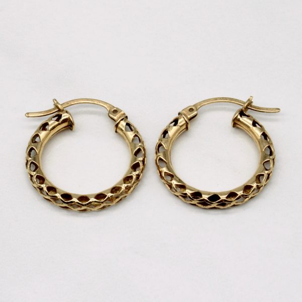 10k Yellow Gold Lattice Hoop Earrings For Sale