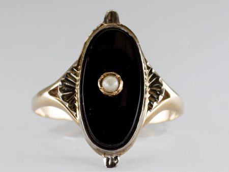 Vintage Onyx Cabochon with Simulant Pearl 10k Ring | 1.50ct | SZ 5.5 | For Sale