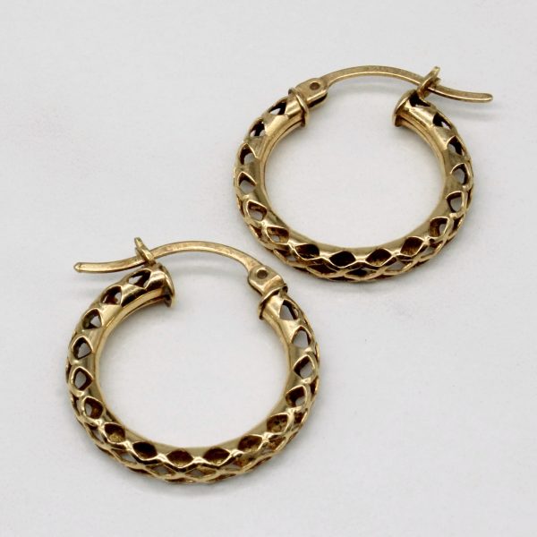 10k Yellow Gold Lattice Hoop Earrings For Sale